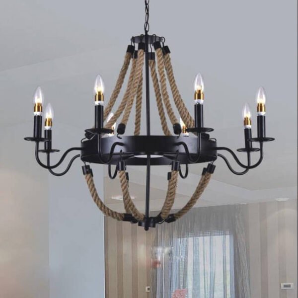 Đèn thả phòng khách DTDT318 kim loại sơn đen dây thừng 12 bóng Ø85cm
