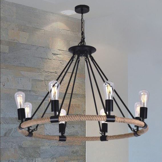 Đèn thả bàn ăn tân cổ điển DTDT319 kim loại sơn đen dây thừng 8 bóng