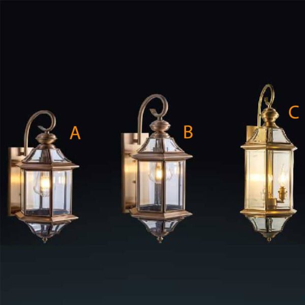Đèn tường ngoài trời DTR07 đồng nguyên chất chao kính trong
