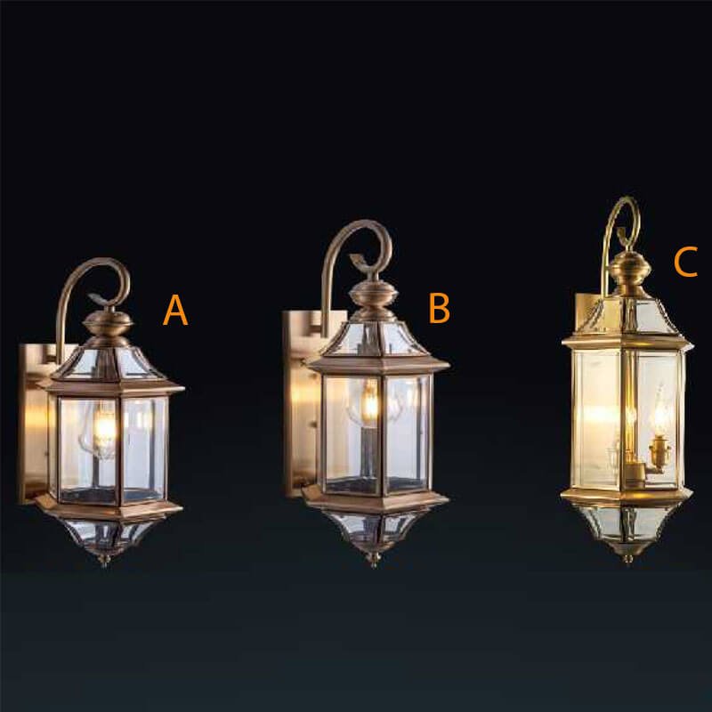 Đèn tường ngoài trời DTR07 đồng nguyên chất chao kính trong