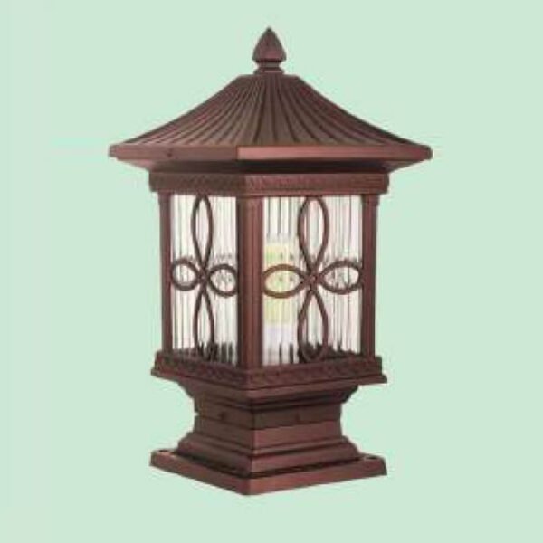 Đèn trụ cổng ngoài trời DTR46 hợp kim sơn nâu phối kính cao 40cm