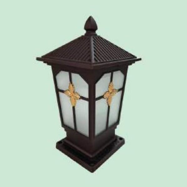 Đèn trụ cổng ngoài trời DTR48 hợp kim sơn nâu phối kính cao 38cm