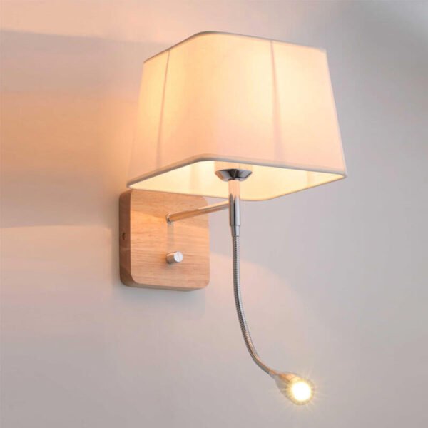 Đèn tường hiện đại màu inox đế gỗ chao vải trắng có LED DTV313