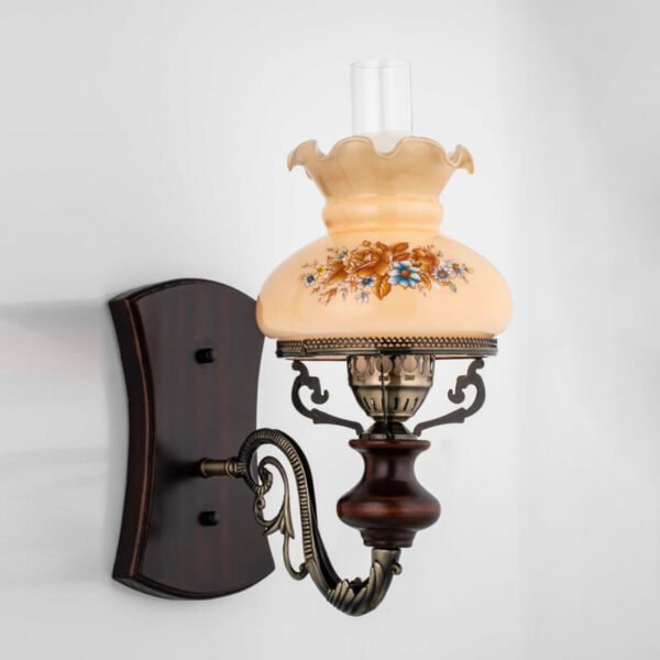 Đèn tường phòng thờ xi đồng xanh phối gỗ chao kính hoa văn DTV396