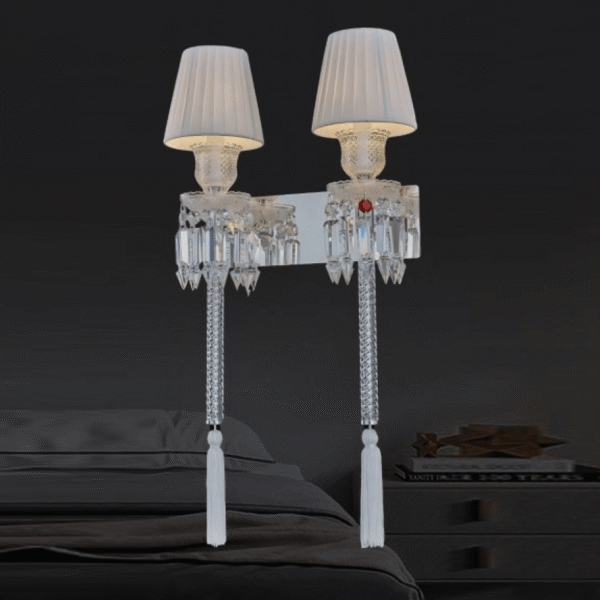 Đèn tường đôi mạ inox pha lê chao vải trắng DTX121