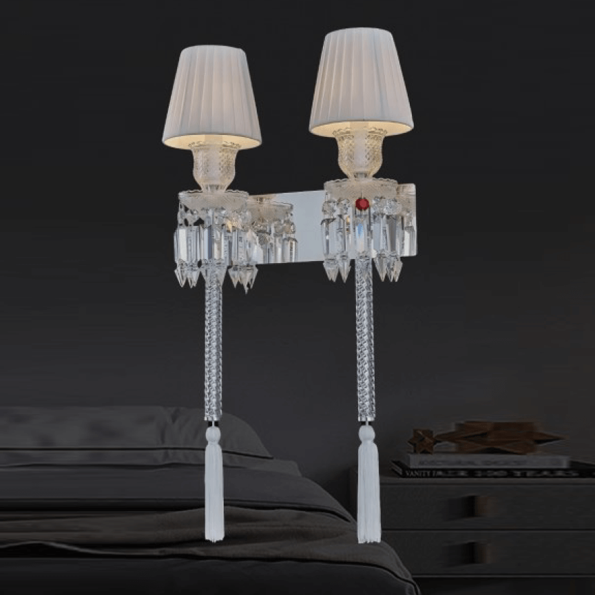 Đèn tường đôi mạ inox pha lê chao vải trắng DTX121