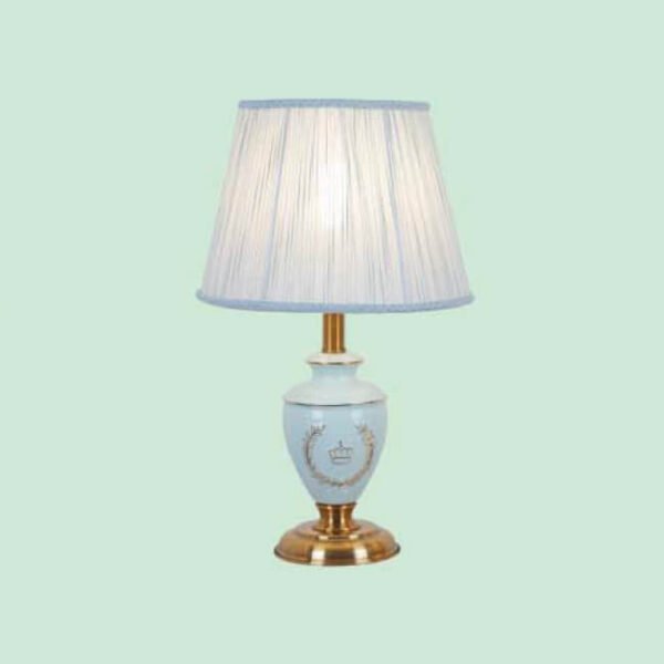 Đèn ngủ để bàn NR08 thân hợp kim mạ đồng, sứ, chao vải trắng xanh, Ø30cm x cao 50cm