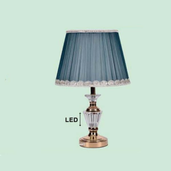 Đèn ngủ để bàn NR12 thân hợp kim mạ đồng, thủy tinh, chao vải xanh dương, Ø30cm x cao 50cm
