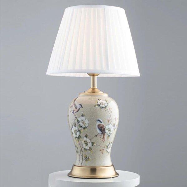 Đèn bàn gốm sứ mạ vàng chụp vải trắng NV120 Ø30cm x cao 60cm