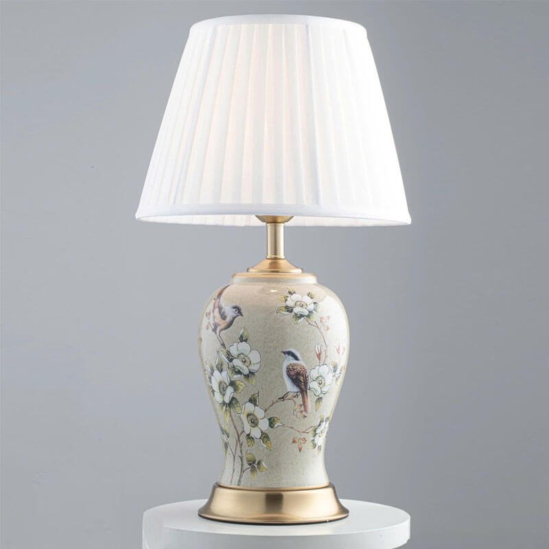 Đèn bàn gốm sứ mạ vàng chụp vải trắng NV120 Ø30cm x cao 60cm