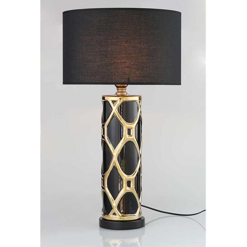 Đèn ngủ để bàn thân xi đồng vàng đen chụp vải đen NV46 dài 30cm x cao 70cm