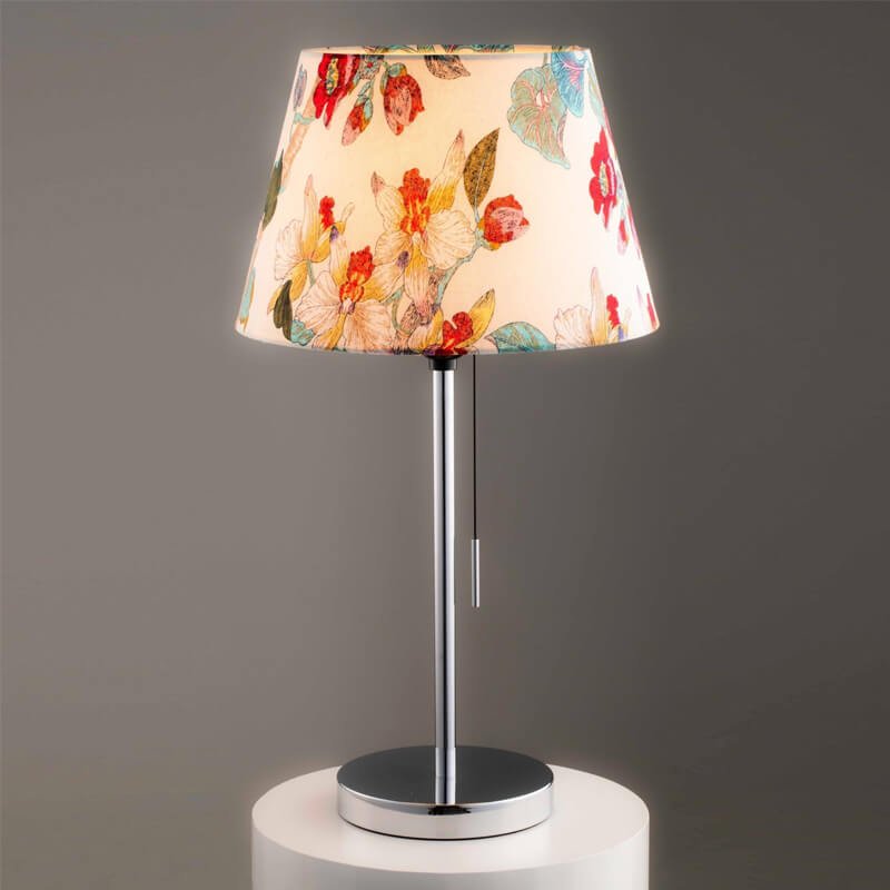 Đèn bàn thân hợp kim xi mạ inox chụp vải hoa văn NV80 Ø30cm x cao 55cm