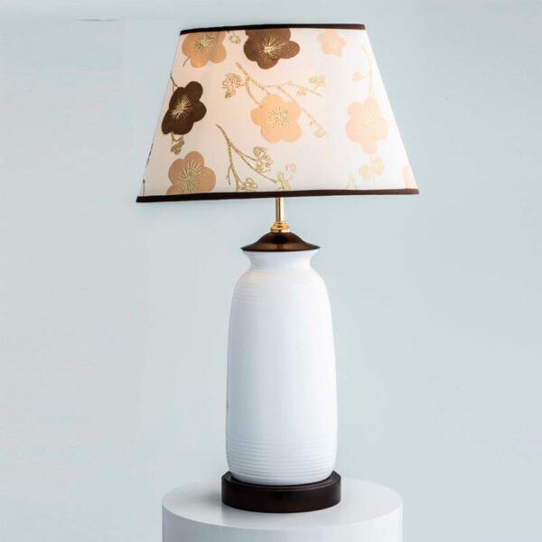 Đèn bàn hợp kim mạ vàng gốm sứ chụp vải hoa văn NV85 Ø30cm x cao 50cm