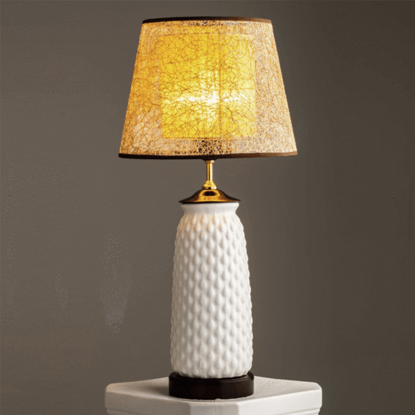 Đèn bàn gốm sứ chụp vải nâu vàng NV91 Ø30cm x cao 55cm
