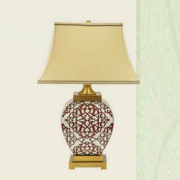 Đèn bàn hợp kim mạ vàng gốm sứ hoa văn chụp vải NX107 Ø42cm x cao 63cm