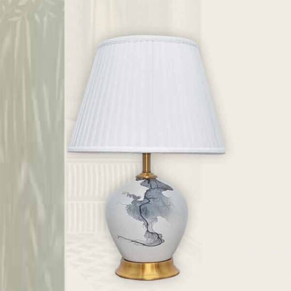 Đèn bàn hợp kim mạ vàng gốm sứ hoa văn chụp vải NX108 Ø36cm x cao 52cm