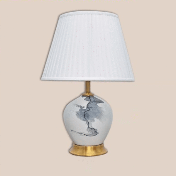 Đèn bàn gốm sứ mạ vàng chụp vải trắng NX73 Ø36cm x cao 52cm
