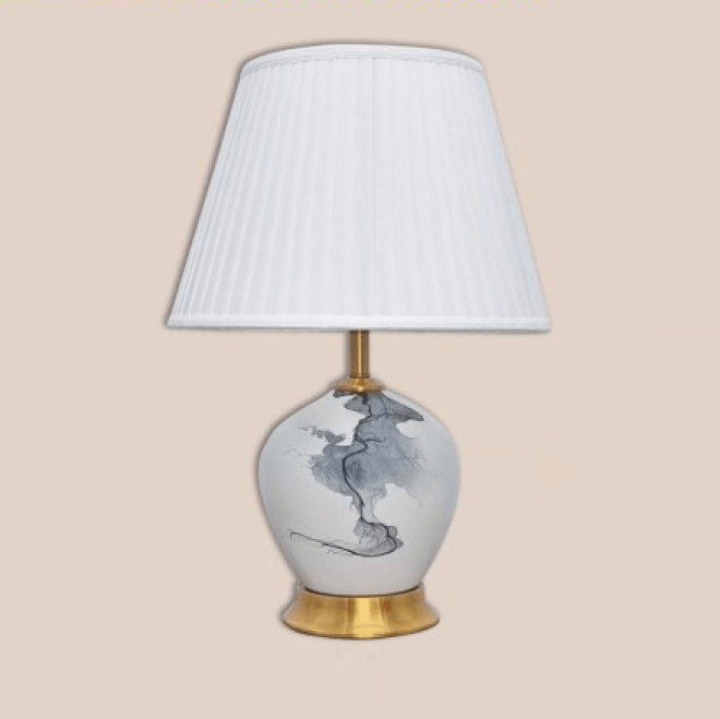 Đèn bàn gốm sứ mạ vàng chụp vải trắng NX73 Ø36cm x cao 52cm