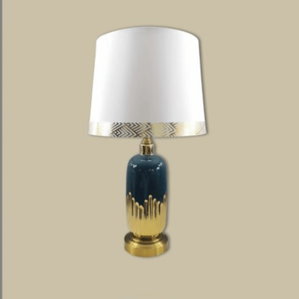 Đèn bàn gốm sứ xanh dương chụp vải trắng NX78 Ø30cm x cao 53cm