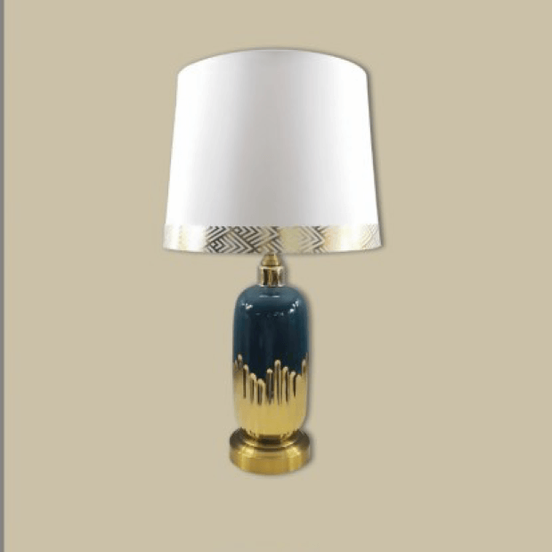 Đèn bàn gốm sứ xanh dương chụp vải trắng NX78 Ø30cm x cao 53cm