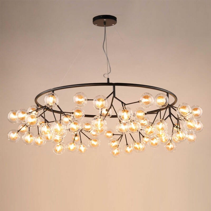 Đèn thả bàn ăn TVN424 63 bóng sơn đen thủy tinh màu trà Ø100cm