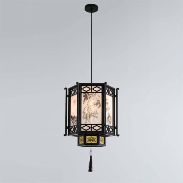 Đèn phòng thờ gỗ mỹ nghệ TVN675 chụp vải in tranh Ø45cm