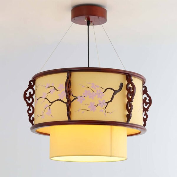 Đèn phòng thờ gỗ mỹ nghệ TVN676 chụp vải in hoa Ø80cm