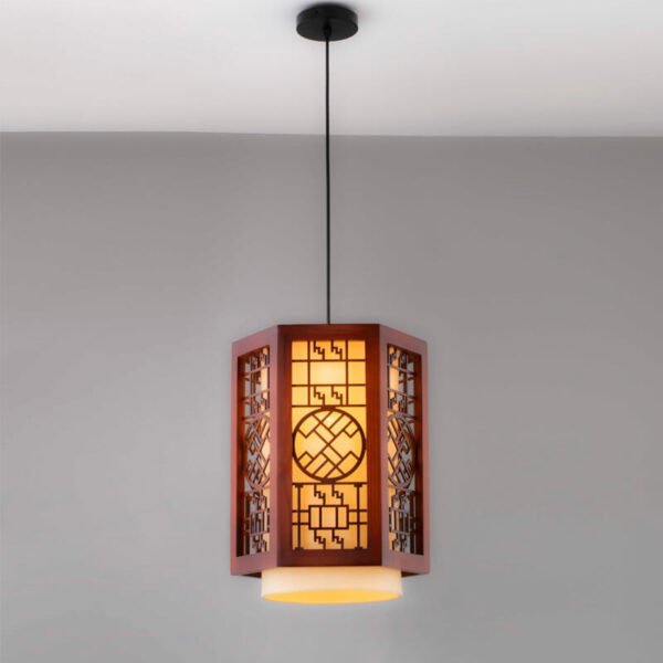 Đèn ốp trần phòng thờ TVN735 gỗ tự nhiên chao vải Ø30cm x cao 45cm