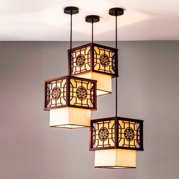 Đèn ốp trần phòng thờ TVN736 gỗ tự nhiên chao vải 30 x 30 x 40cm