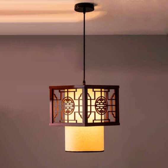 Đèn ốp trần phòng thờ TVN737 gỗ tự nhiên chao vải 30 x 30 x 40cm