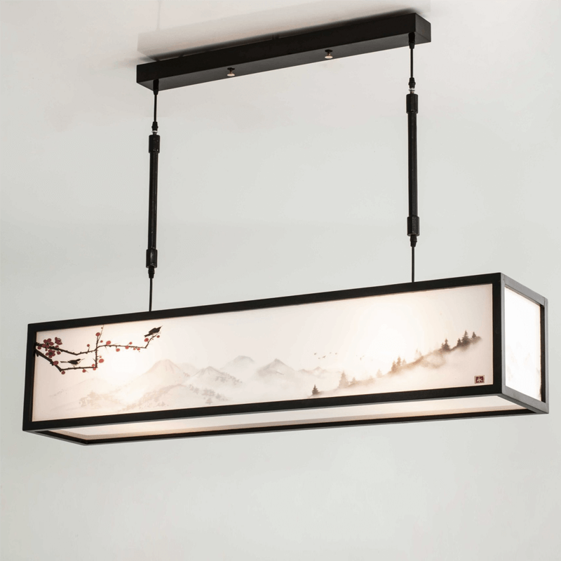 Đèn ốp trần phòng thờ TVN755 gỗ sơn đen chao mica hoa văn Trung Hoa 150 x 75cm
