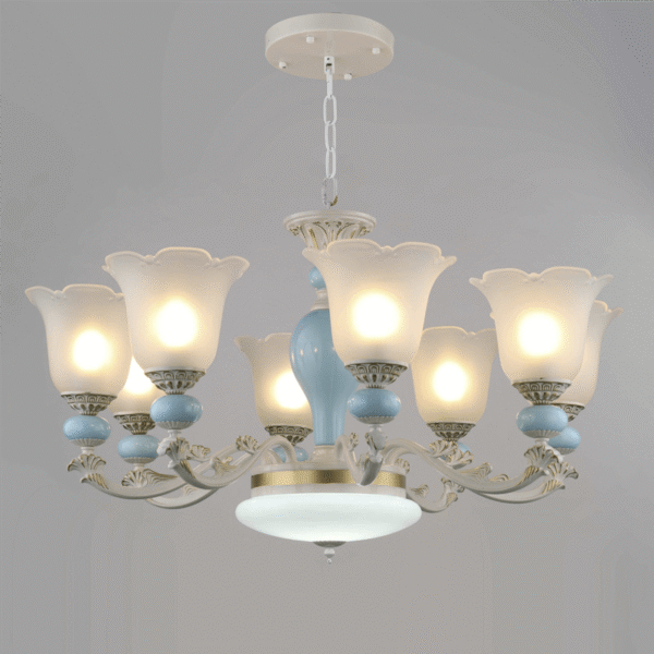 Đèn thả phòng khách TVN762 hợp kim sơn trắng sứ xanh Ø85cm x cao 75cm