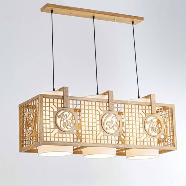 Đèn ốp trần phòng thờ TVN941 gỗ thủ công mỹ nghệ chao vải dài 100cm x rộng 37cm