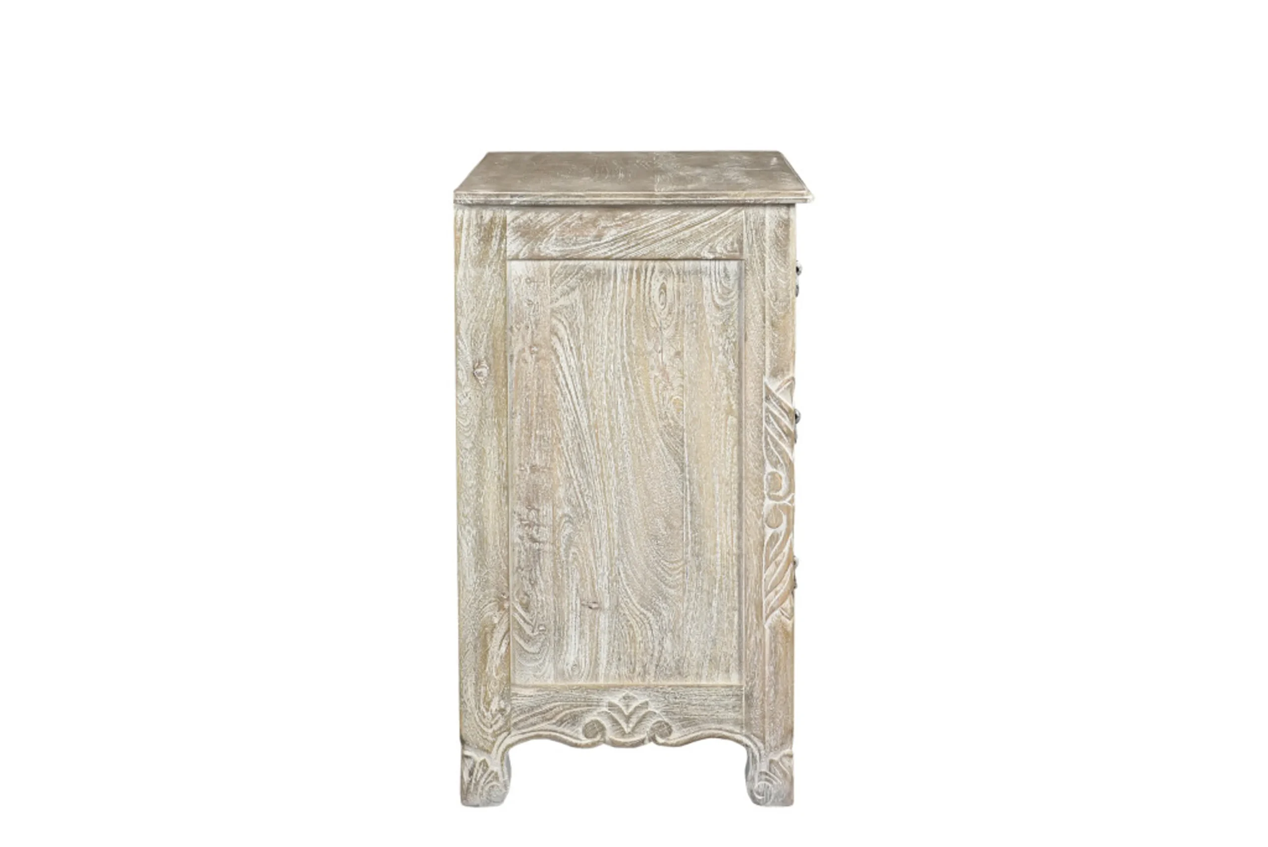 Tủ đầu giường gỗ tự nhiên 76cm ba ngăn kéo chạm khắc hoa màu xám cũ kỹ - Ảnh 4
