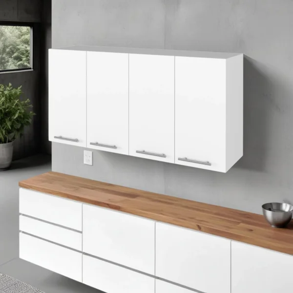 Tủ trang trí treo tường gỗ trắng rộng 119cm với bốn cánh