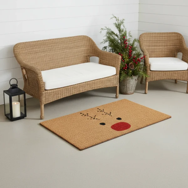 Thảm chùi chân xơ dừa Giáng sinh họa tiết tuần lộc 91cm x 183cm nâu đỏ đen