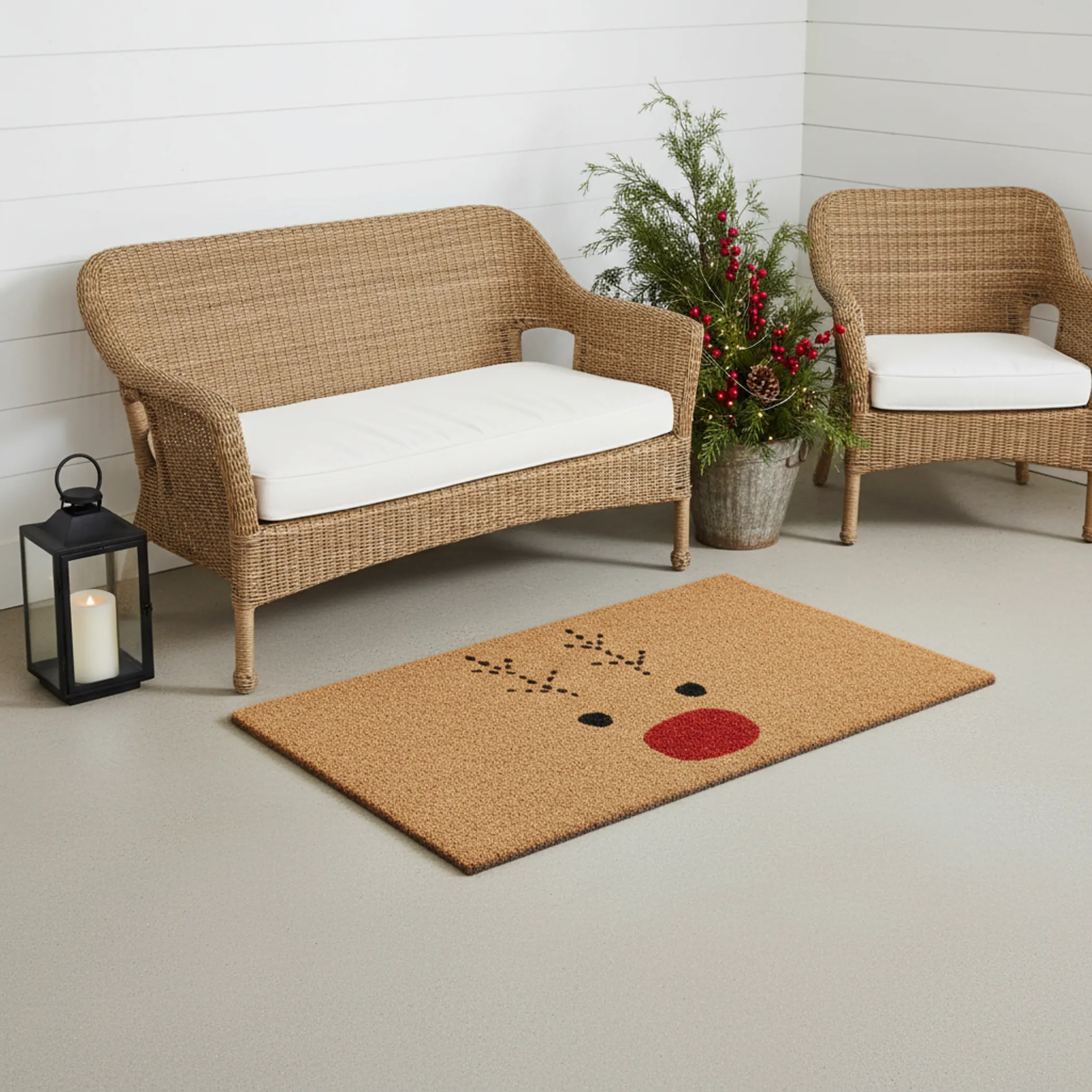 Thảm chùi chân xơ dừa Giáng sinh họa tiết tuần lộc 91cm x 183cm nâu đỏ đen