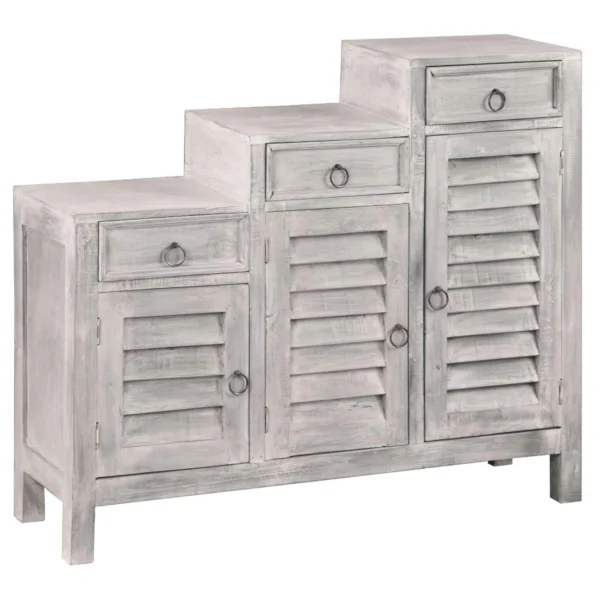 Tủ console Sunset Trading Cottage 3 tầng cửa chớp gỗ nguyên khối xám nhạt cũ kỹ