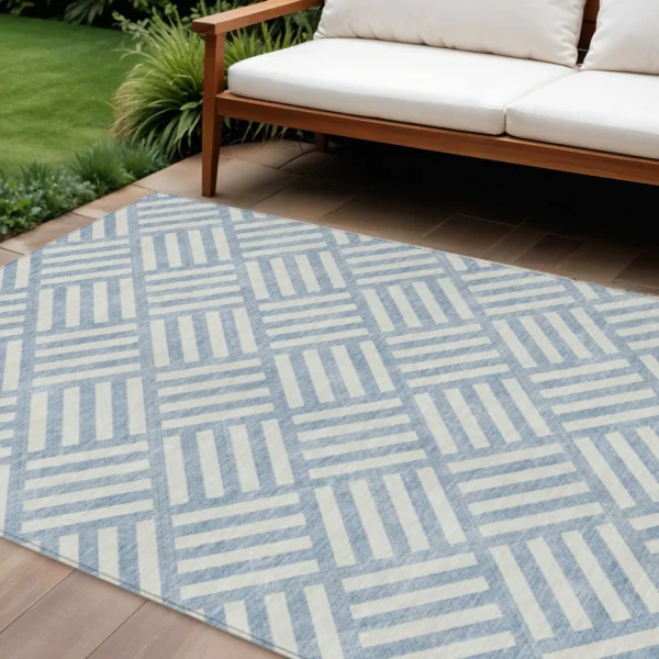 Thảm trải sàn giặt được 3m x 4,3m họa tiết hình học màu xanh da trời và ngà