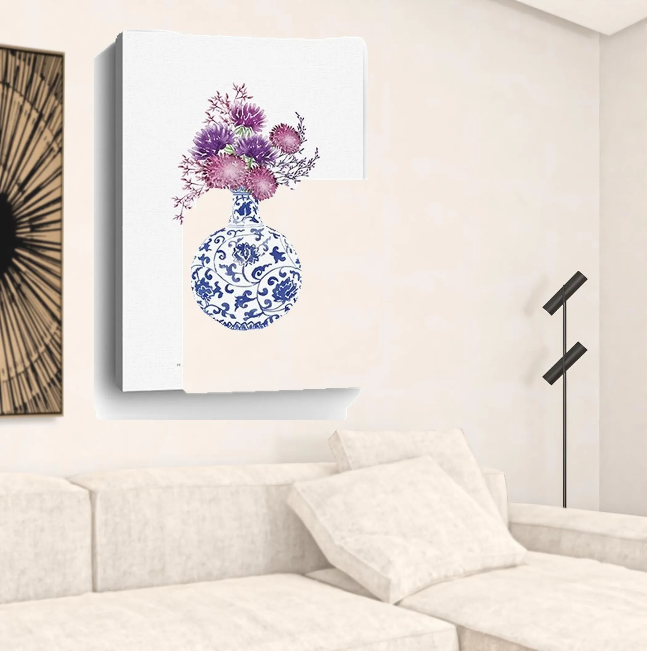 Tranh canvas bình hoa xanh trắng chủ đề Happiness 122cm x 81cm - Ảnh 3