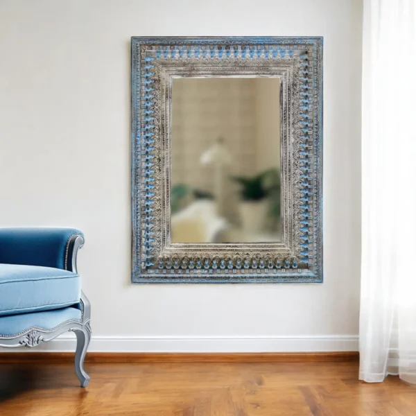 Gương trang trí khung gỗ tự nhiên màu xanh và bạc 127cm