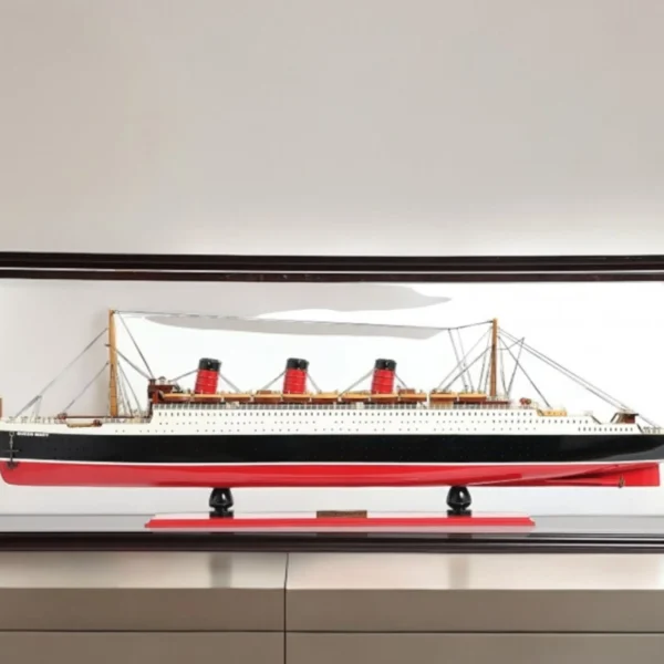 Mô hình tàu RMS Queen Mary trong hộp trưng bày sơn vẽ tay đen đỏ 41cm