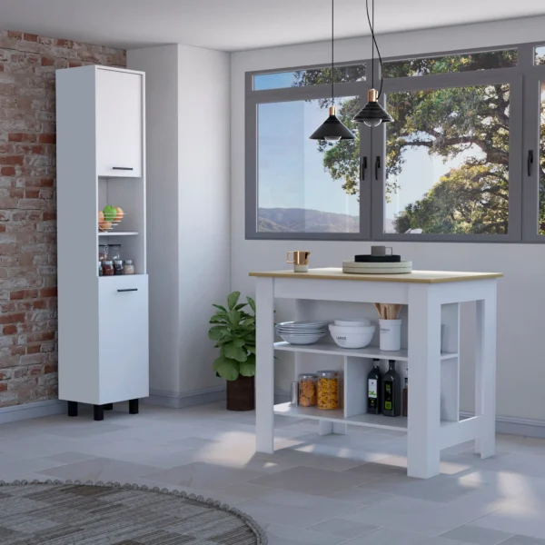 Bộ bếp Houston 2 món: đảo bếp và tủ đựng thực phẩm, màu trắng phối gỗ sồi sáng