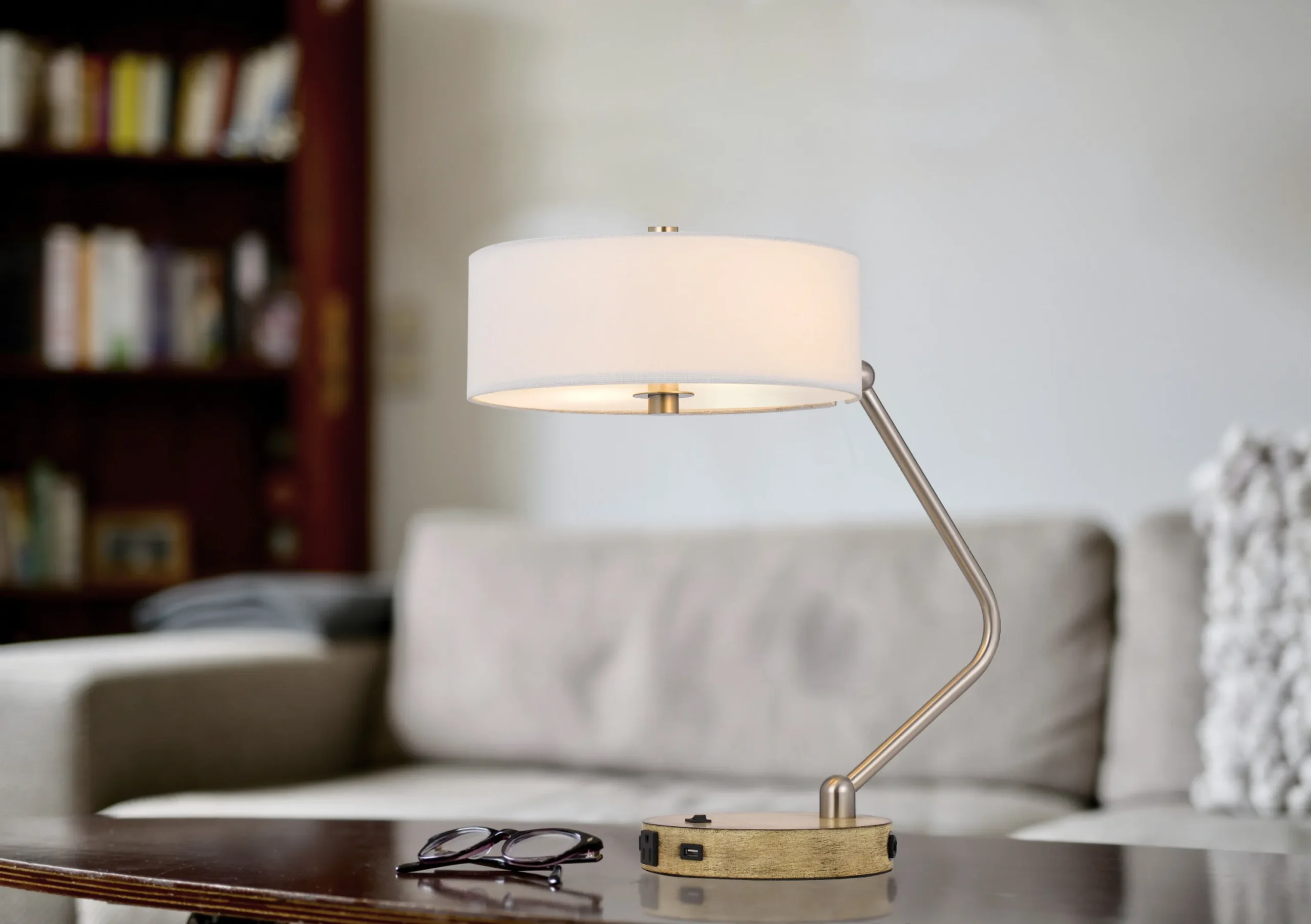 Đèn bàn làm việc USB 2 bóng kiểu lồng đèn kim loại màu nâu 51cm chụp trống trắng - Ảnh 5