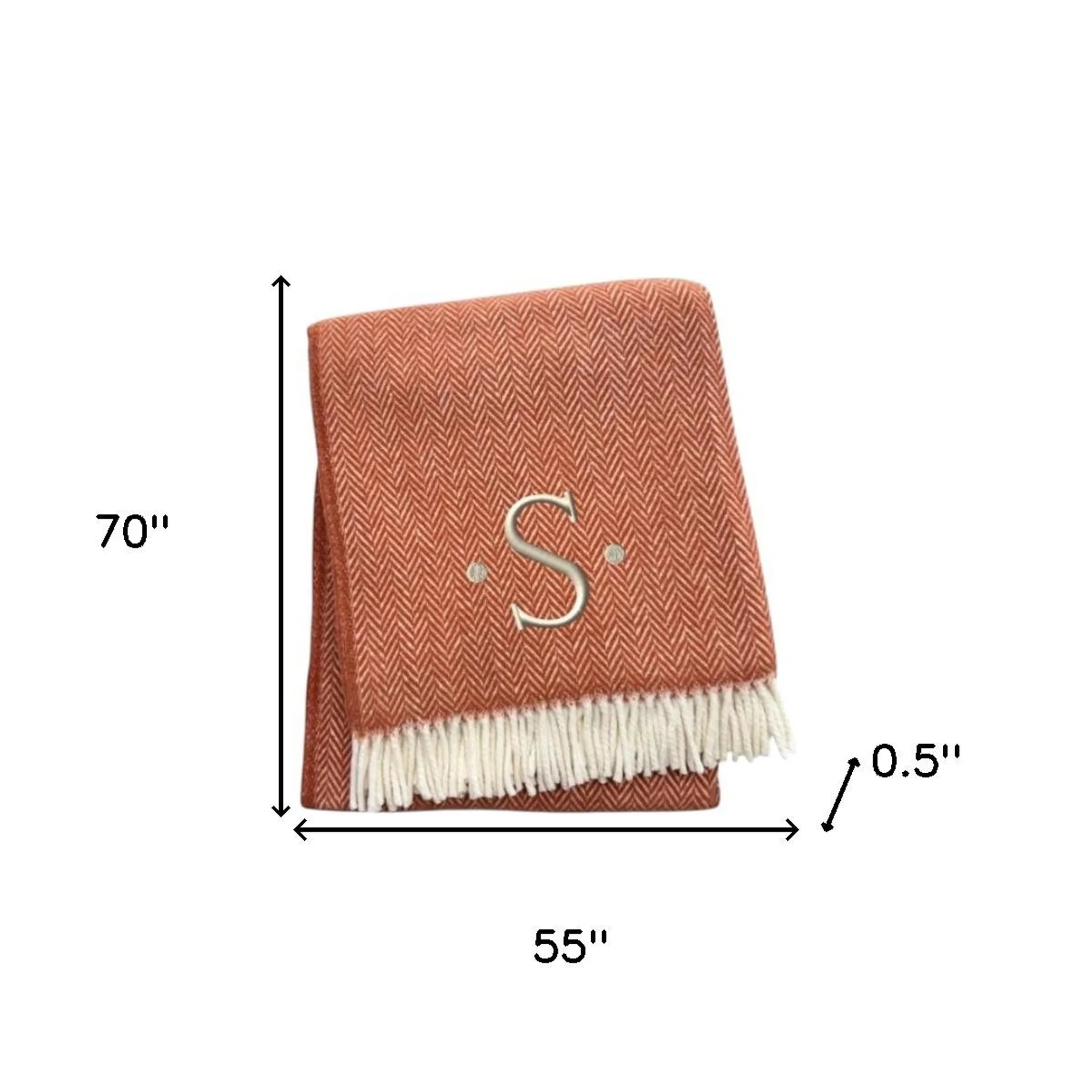Chăn cotton pha dệt xương cá thêu chữ S màu đất nung trắng, viền tua rua - Ảnh 6