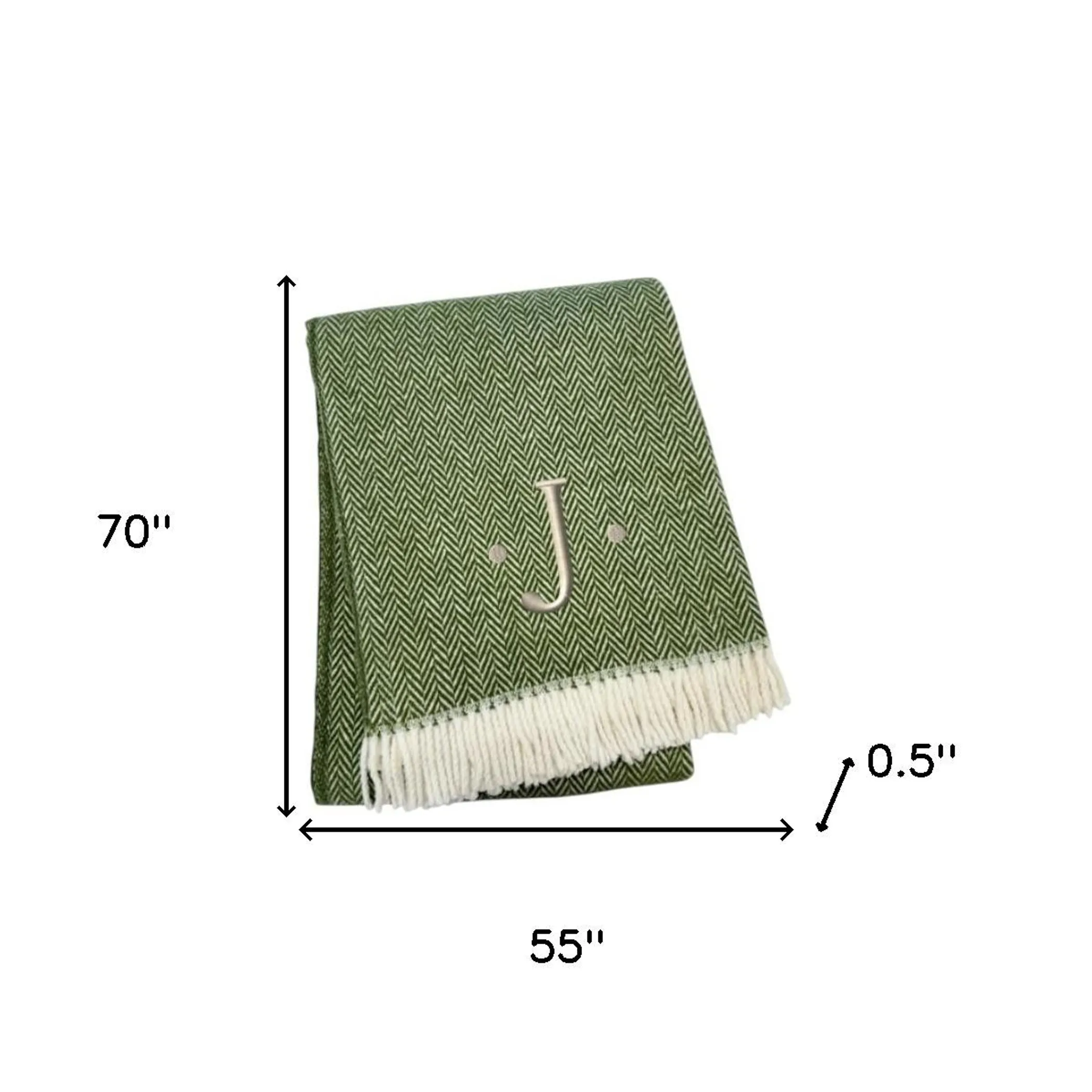 Chăn cotton pha dệt xương cá thêu chữ J màu xanh rêu trắng, viền tua rua - Ảnh 4