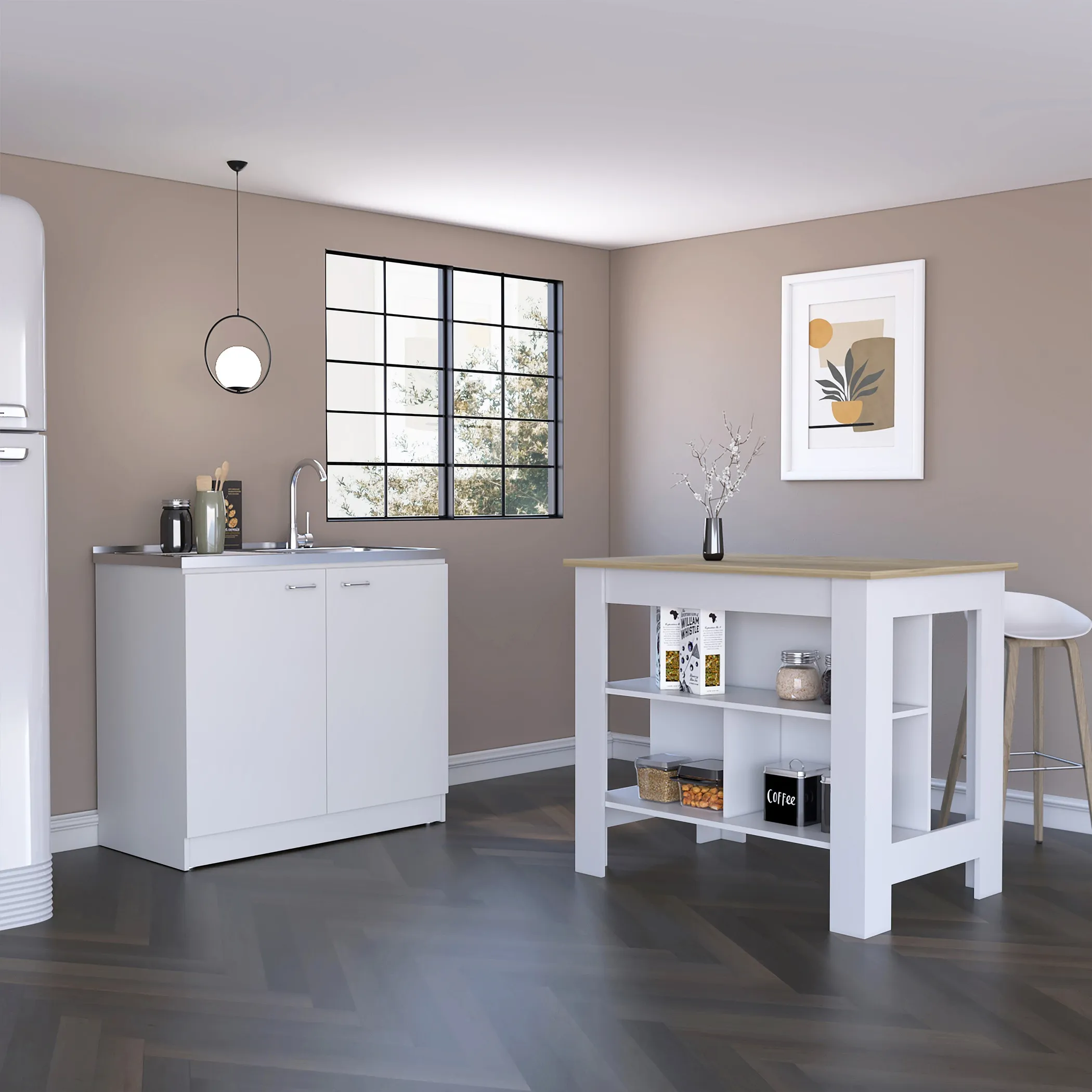 Bộ nội thất bếp Phoenix 2 món: đảo bếp Cala và tủ chậu rửa Napoles, trắng phối onyx