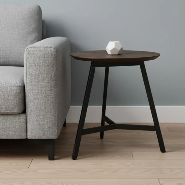 Bàn khay gỗ tự nhiên chân kim loại màu nâu espresso và đen 58cm