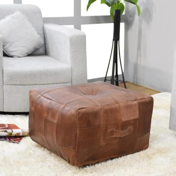 Đôn ngồi (pouf) vuông da trâu thủ công màu nâu, ruột mút tái chế và sợi bông