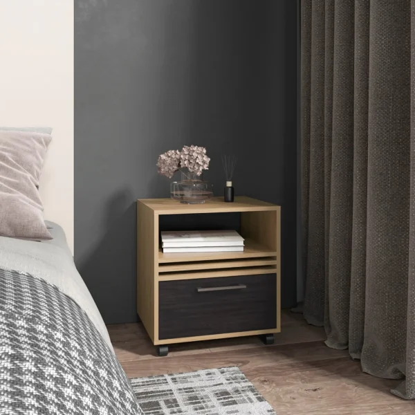 Tủ đầu giường Vance cao 51cm, một ngăn kéo, có bánh xe, màu gỗ sồi tự nhiên